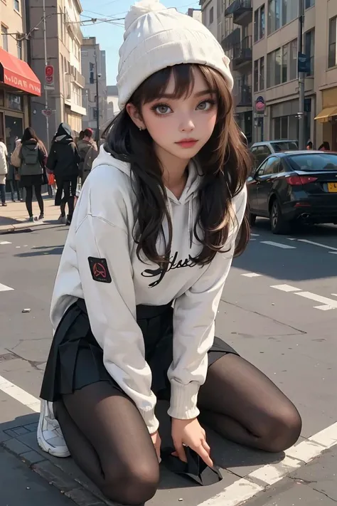 (best quality, masterpiece), 1girl, hoodie, long hair, street, kneeling, looking at viewer, beanie, skirt, makeup, piercing, pantyhose,