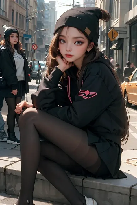 (best quality, masterpiece), 1girl, hoodie, long hair, street, sitting, looking at viewer, beanie, skirt, makeup, piercing, pantyhose,
