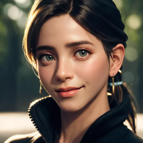 8k, very sharp image, masterpiece, best quality, jennifer aniston, 1girl, black hair, messy hair, low-key lighting, closed mouth, small earrings, low ponytail, smile, nature, hair hair ornament,
realistic skin, high texture skin, realistic lips, high texture lips