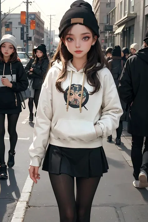 (best quality, masterpiece), 1girl, hoodie, long hair, street, walking, looking at viewer, beanie, skirt, makeup, piercing, pantyhose,