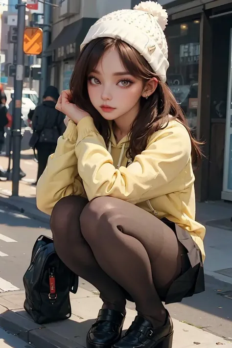 (best quality, masterpiece), 1girl, hoodie, long hair, street, crouching, looking at viewer, beanie, skirt, makeup, piercing, pantyhose,