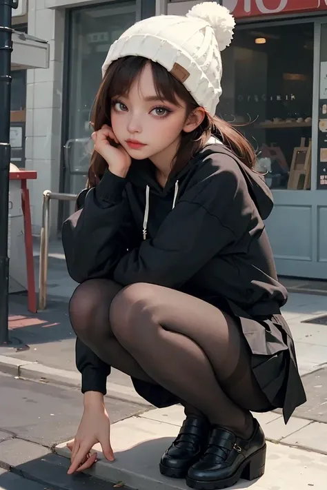 (best quality, masterpiece), 1girl, hoodie, long hair, street, crouching, looking at viewer, beanie, skirt, makeup, piercing, pantyhose,