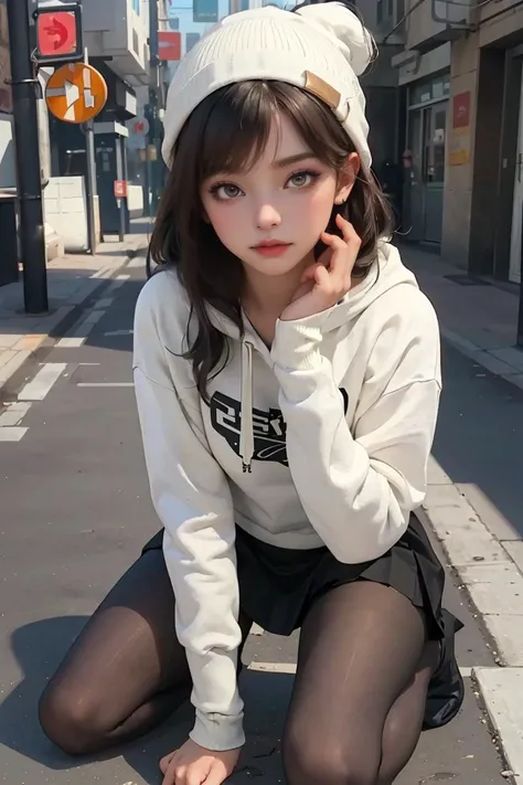 (best quality, masterpiece), 1girl, hoodie, long hair, street, kneeling, looking at viewer, beanie, skirt, makeup, piercing, pantyhose,