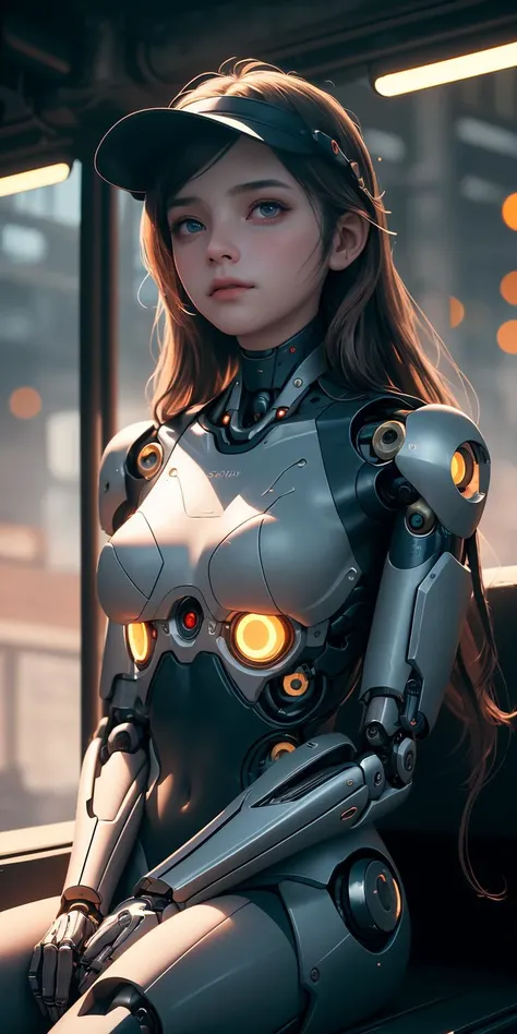 (masterpiece, best quality), 1girl, mechanical arms, cyborg, dark mood, dystopia, looking at viewer, sitting, long hair, sun visor, bokeh