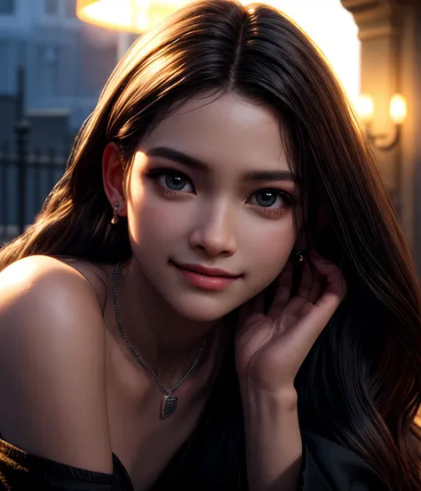 8k, very sharp image, masterpiece, best quality, highres, Zendaya, 1girl, solo focus, middle parting, long hair, black hair,  closed mouth, (dark skin:1.2),  oversized clothes,  looking at viewer,  earrings, necklace, mansion, off shoulder, outdoor, light smile, teeth, leaning forward, 
realistic hair, realistic skin, high texture skin, high quality mouth, high quality iris,  <lora:more_details:1>  dramatic lighting, dramatic shadows, illumination
