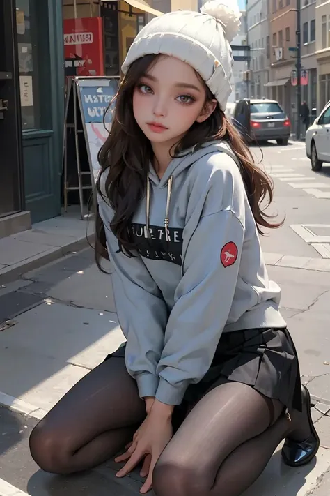 (best quality, masterpiece), 1girl, hoodie, long hair, street, kneeling, looking at viewer, beanie, skirt, makeup, piercing, pantyhose,