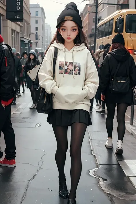 (best quality, masterpiece), 1girl, hoodie, long hair, street, walking, looking at viewer, beanie, skirt, makeup, piercing, pantyhose,