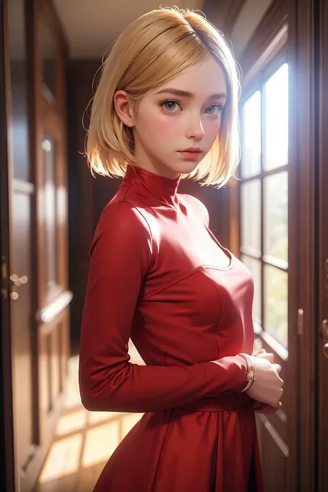 maryms, Best Quality, (beauty), 1girl, short hair, blonde hair, phisically-based render ,ultra highres, narrow waist, skinny, (red), (red turtleneck:1.2), cut abs, blue eyes, puffy eyes, shiny skin, eyes focus, detailed face, detailed eyes, european youth