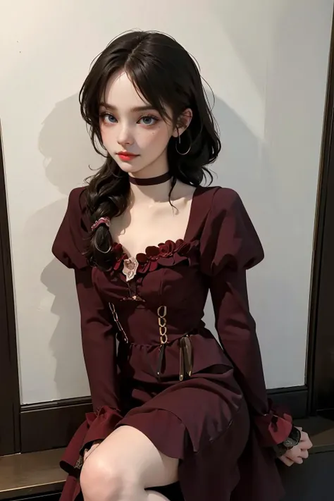 1girl, <lora:Sl1tM3rm41d:0.75> Sl1tM3rm41d,long sleeves,full body,puffy sleeves,red dress,juliet sleeves,choker,nsfw,
(ultra realistic,32k, masterpiece:1.2),(high detailed skin:1.1),( high quality:1.1),
detailed hair,
intricate detail,
(detailed realistic background:1.3),
realistic lighting,
[cinematic lighting|sunset lighting],
hyperrealism,
soothing tones,
muted colors,
high contrast,
soft light,
sharp,
artistic photoshoot,
braided chignon ginger hair,
cute,slender,european, eyes,pale cheeks,square face shape with angular jaw,natural "no-makeup" makeup,freckles,
Petite, senior,ample breasts, 
Victorian drawing room, grand tapestries hung on the walls,