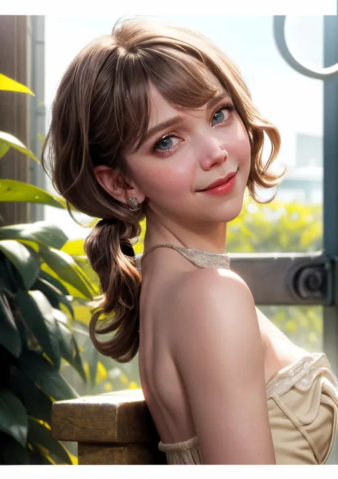 8k, very sharp image, masterpiece, best quality, highres, 1girl, Maggie Gyllenhaal, curly hair, long bangs, low ponytail, closed mouth, earrings, real world location, leaning back,  light smile, 
 high detail hair,  <lora:more_details:0.5>  ,  high-key lighting, neutral, flat, even, ambient light