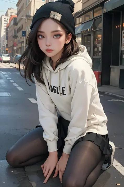 (best quality, masterpiece), 1girl, hoodie, long hair, street, kneeling, looking at viewer, beanie, skirt, makeup, piercing, pantyhose,