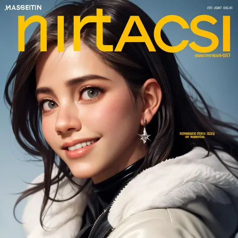 8k, very sharp image, masterpiece, best quality, jennifer aniston, 1girl, black hair, messy hair, low-key lighting, closed mouth, small earrings, light smile, teeth,  winter season, floating hair,  hair hair ornament, magazine cover, 
realistic skin, high texture skin, realistic lips, high texture lips