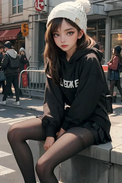 (best quality, masterpiece), 1girl, hoodie, long hair, street, sitting, looking at viewer, beanie, skirt, makeup, piercing, pantyhose,