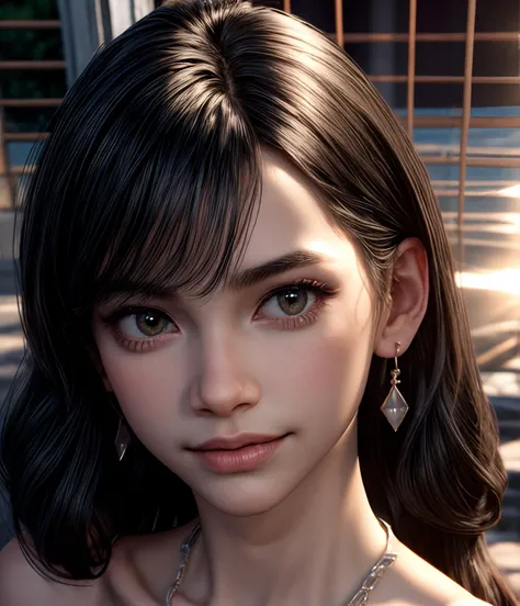 8k, very sharp image, masterpiece, best quality, highres, Zendaya, 1girl, solo focus, middle parting, long hair, black hair,  closed mouth, (dark skin:1.2),  oversized clothes,  looking at viewer,  earrings, necklace, mansion, off shoulder, outdoor, light smile, 
realistic hair, realistic skin, high texture skin, high quality mouth, high quality iris,  <lora:more_details:1>  (overhead sunlight:1.5)
