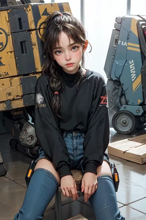 masterpiece, best quality, 1girl sitting on top of a (IzmojukiProbe-350), ponytail, oil stains and smudges on skin and clothing, hangar, inside a garage with fluorescent lighting overhead, simple background, tool cabinet, oil stains on floor, scattered parts <lora:add_detail:.5>