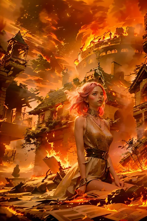(best quality, masterpiece:1.4) , 1 girl , ((20 years old)) , mature female , pink hair ,surrounded by fire , magical atmosphere , ((dramatic light , a lot of fire)) , castle in background , masterpiece , detailed background , amazing lighting ,lens flare