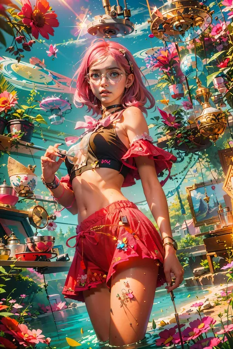 (best quality, masterpiece:1.4) , 1 girl , ((20 years old)) , mature female , pink hair , glasses , minishort , croptop,in her bedroom , masterpiece , detailed background , amazing lighting ,lens flare