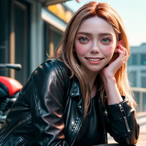 8k, very sharp image, masterpiece, best quality, highres, (Elizabeth Olsen:1.2), 1girl, (curvy, mature female:1.2), solo, long hair, leather jacket, open jacket, leaning against motorcycle, grin,
high detail skin texture, high detail lips texture , realistic mouth, high detail face texture, <lora:more_details:0.8>