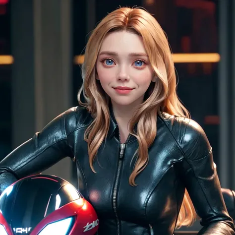 8k, very sharp image, masterpiece, best quality, highres, (Elizabeth Olsen:1.2), 1girl, (curvy, mature female:1.2), light smile, long hair, leather suit, motorcycle helmet, motorcycle, leaning against motorcycle,