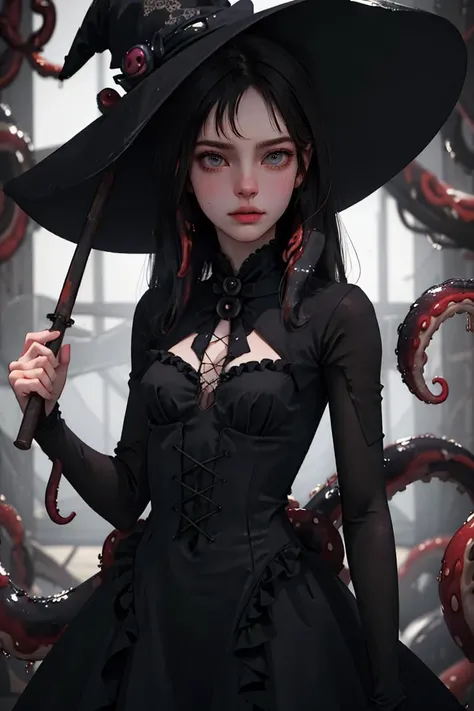 (best quality, masterpiece:1.2), detailed eyes, intricate detail, (depth of field:1.3), 20 years old girl, (Dark:1.2), witch, controls tentacles, makeup, standing, horns, devil, (Tentacle Dress:1.2), looking at viewer, witch hat, web, latex, angry, tentacle hair, alice in wonderland, in Witch House, frills, see-through,
