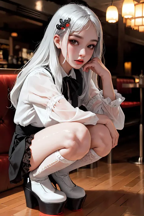 RAW, best quality, masterpiece, realistic, ultra highres, intricate details,1girl, jirai fashion, beautiful face, light silver hair, hair ornament, frilled sleeves, frilled skirt, fishnet stockings, platform shoes, in a restaurant, squatting,(ulzzang-6500:1.2)