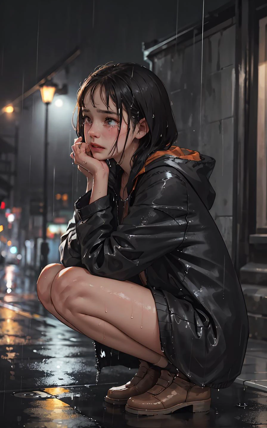 (masterpiece:1.2, best quality), (real picture, intricate details), (night, dark, downpour:1.4)
There was no one in the alley, and the surroundings were silent, only the raindrops sprinkled on the tile eaves of the low houses near and far, making a slight rustling sound. In the cold rain, (1girl, wet hooded jacket, sad, tears in eyes, shivering:1.2) squatting on the ground, <lora:zovyasWetHair_v1:0.3>