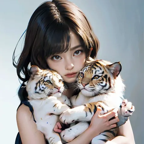 a girl hold a baby tiger, masterpiece, best quality, top quality, ultra highres, 8k hdr, 8k wallpaper, huge file size, intricate details, sharp focus, realistic, delicate, amazing, CG, finely detailed, beautiful detailed, colourful, <lora:HashimotoKanna:0.75>, masterpiece, best quality, top quality, ultra highres, 8k hdr, 8k wallpaper, huge file size, intricate details, sharp focus, realistic, delicate, amazing, CG, finely detailed, beautiful detailed, colourful,