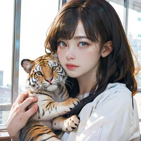 a girl hold a baby tiger, masterpiece, best quality, top quality, ultra highres, 8k hdr, 8k wallpaper, huge file size, intricate details, sharp focus, realistic, delicate, amazing, CG, finely detailed, beautiful detailed, colourful, <lora:HashimotoKanna:0.75>, masterpiece, best quality, top quality, ultra highres, 8k hdr, 8k wallpaper, huge file size, intricate details, sharp focus, realistic, delicate, amazing, CG, finely detailed, beautiful detailed, colourful,