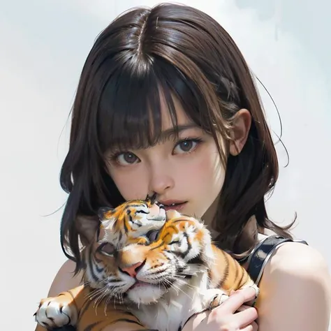 a girl hold a baby tiger, masterpiece, best quality, top quality, ultra highres, 8k hdr, 8k wallpaper, huge file size, intricate details, sharp focus, realistic, delicate, amazing, CG, finely detailed, beautiful detailed, colourful, <lora:HashimotoKanna:0.75>, masterpiece, best quality, top quality, ultra highres, 8k hdr, 8k wallpaper, huge file size, intricate details, sharp focus, realistic, delicate, amazing, CG, finely detailed, beautiful detailed, colourful,
