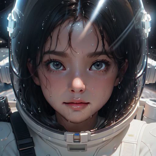 octane Render, volumetric lightning, best quality, high quality shadows, Ambient Occlusion,Depth of Field, Distant Object Detail,God rays Quality,Screen Space Reflections, ssr,((Wetness)),Anisotropic Filtering,
background milky way or earth planet, wide angle, space helmet, detailed face, [young girl face:barbie face:0.75],