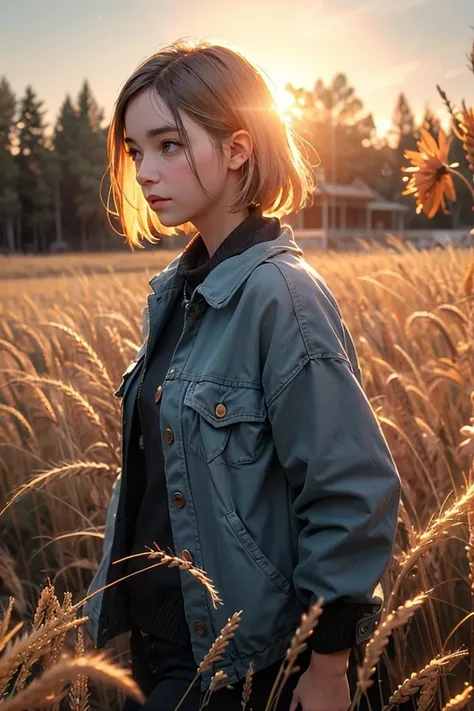 masterpiece, best quality, high resolution, dark dynamic lighting, phong Shading, girl, walking in golden wheat field,
