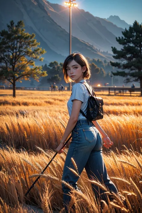 masterpiece, best quality, high resolution, dark dynamic lighting, phong Shading, girl, walking in golden wheat field, slight smile, half closed eyes, detailed face,