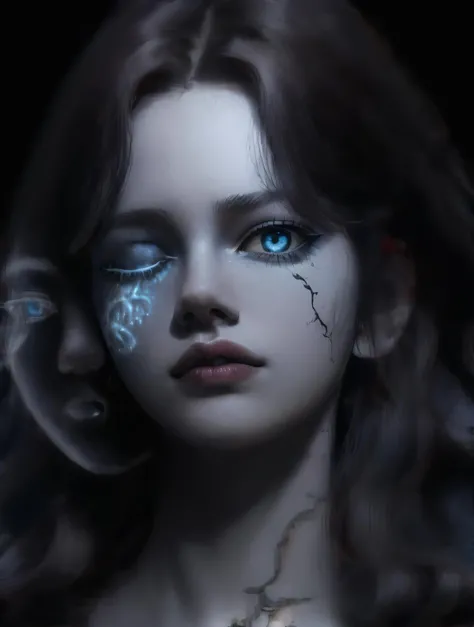 <lora:Ranni:1>, <lora:ExtraFacesRanni:1>, <lora:detailed_eye:1>, <lora:LowRA:0.8>, Ranni, ExtraFacesRanni, dark theme, wavy hair, cracked skin, blue skin, detailed eyes, facing away, (from below, looking down, looking at viewer:1.2)