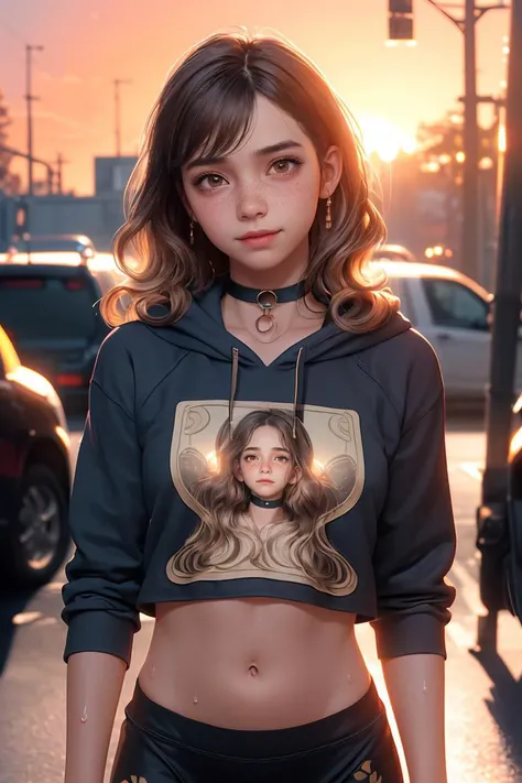 (masterpiece, best quality), 1girl, oversized hoodie, leggings, upper body, sweat, navel cutout, street, backlighting, wavy hair, looking at viewer, (abs:0.7), pubis, sunset, intricate details, choker, freckles, bokeh, happy, print, blush,