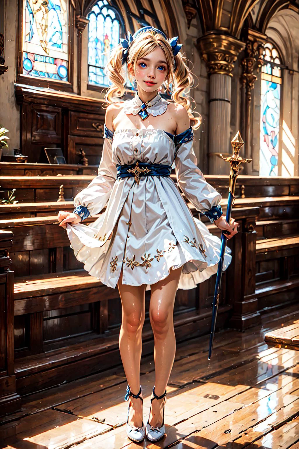 <lora:barbara(OPU):0.75>, (Barbara \(genshin impact\), ((blue eyes,blonde hair, twintails)), white dress,drill hair,bare shoulders,detached sleeves,white headwear, ((twin drills)), hair ornament,detached collar,long sleeves, several posture, cute smile):1.22,
BREAK ((1woman, young woman, adorable, clear face, young face, solo)), ((full body)):1.34,
BREAK ((milky skin, curvy body, slender body, woman hands, good anatomy)),
BREAK soft light, cinematic lighting, detailed(shadow, glow),
BREAK <lora:add_detail:0.45>, extremely detailed, ,4K, CG, finely detailed, (masterpiece, best quality):2.0, ((photorealistic:1.15)),
BREAK <lora:uber_saggy2:0.68>, saggy, sagging_breasts, <lora:Big_boobs:0.55>, ((huge breasts)), <lora:GoodHands-vanilla:0.75>,
((cozy, indoors, luxury church, high windows, bottle of water, goddess statue, staff, ray light))