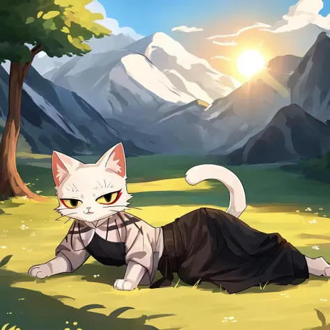 masterpiece,high quality,a furry cat,guanfu dress,<lora:shao_qin_RE70:1>,lying on the grass,the sun is shining brightly,vertical view,the distant mountain slope background,