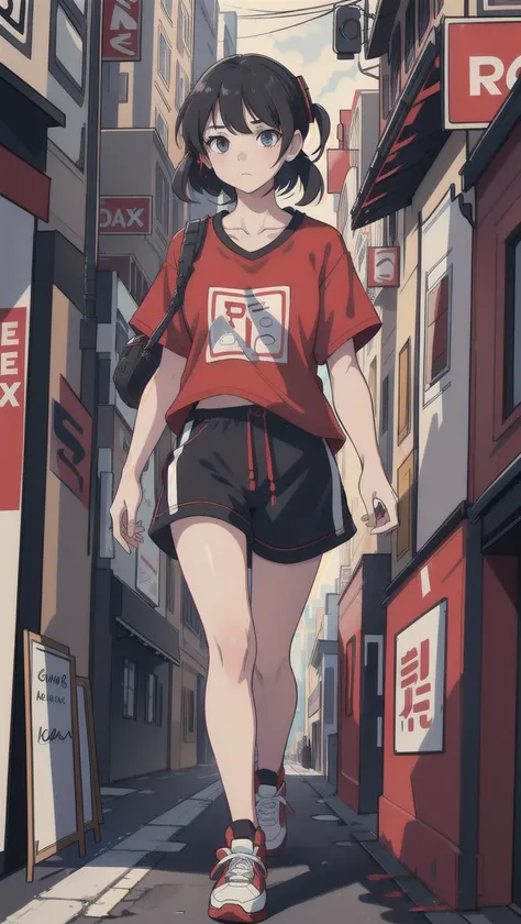 high quality, high resolution, extreme detail, masterpiece, 1girl, walking through the city, red t-shirt, black shorts, sneakers, wearing headphones, ((high quality eyes)), [looking at the viewer], intricate details, [volumetric fog], cinematic lighting, photographed on a Canon EOS R5