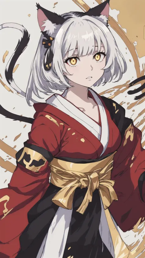 source_anime,score_9,score_8_up,score_7_up,score_6_up,Japanese art style,1girl,solo,catgirl,cat ears,white hair,bangs pinned up,golden eyes,vertical pupils,pale skin,