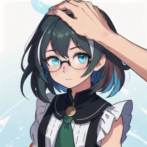 Masterpiece, Best Quality,
1other, androginous, medium hair, multicolores eyes, heterochromia, blue eyes, green eyes, grey eyes, flipped hair, hair flaps, glasses, pettite, shy, =., light blush, from above, hand on anothers head, frilled, sleeveless, HeadpatPOV, pov, headpat,