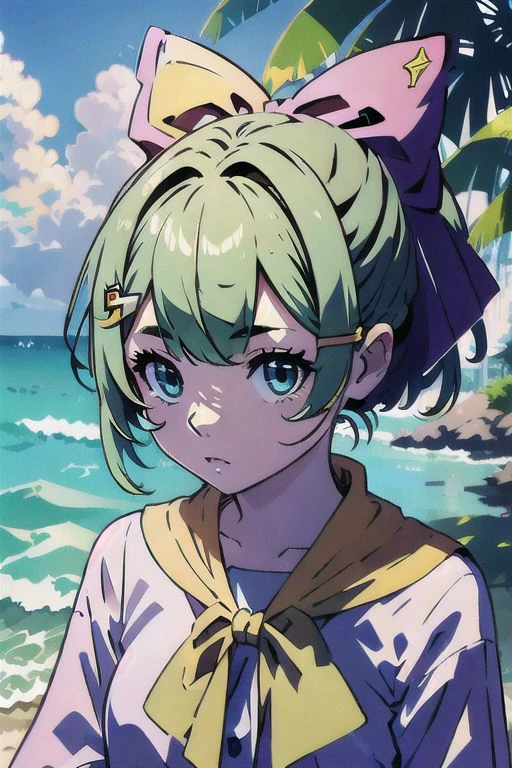 masterpiece, (cqlwg), in a tropical beach, sunny, detailed eyes, very vivid lighting, detailed, (vibrant, photo realistic, realistic, sharp focus),