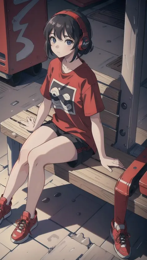 high quality, high resolution, extreme detail, masterpiece, 1girl, sitting at a bench, red t-shirt, black shorts, sneakers, wearing headphones, ((high quality eyes)), [looking at the viewer], intricate details, [volumetric fog], cinematic lighting, photographed on a Canon EOS R5