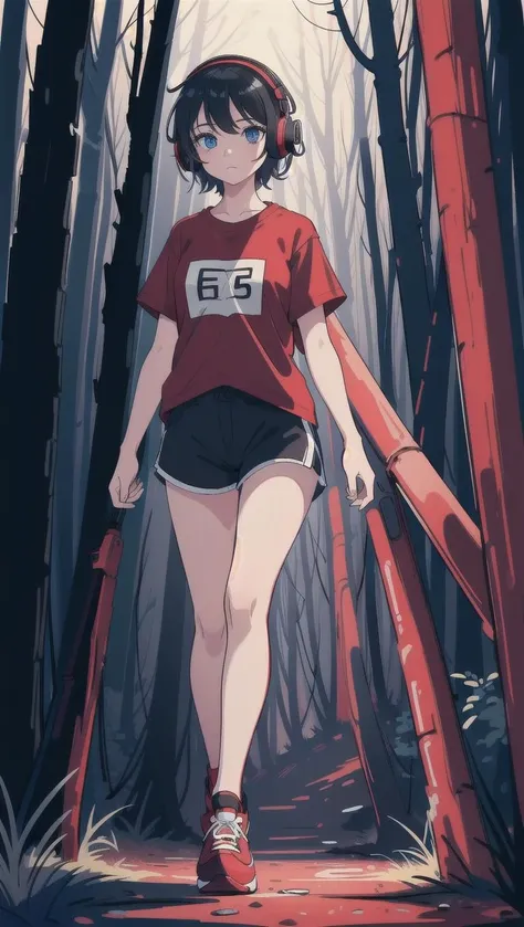 high quality, high resolution, extreme detail, masterpiece, 1girl, walking in the woods at night, red t-shirt, black shorts, sneakers, wearing headphones, ((high quality eyes)), [looking at the viewer], intricate details, [volumetric fog], cinematic lighting, photographed on a Canon EOS R5