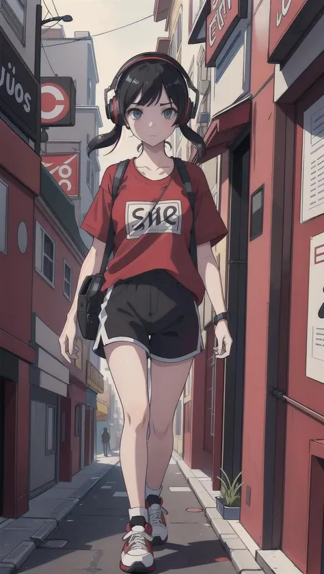 high quality, high resolution, extreme detail, masterpiece, 1girl, walking through the city, red t-shirt, black shorts, sneakers, wearing headphones, ((high quality eyes)), [looking at the viewer], intricate details, [volumetric fog], cinematic lighting, photographed on a Canon EOS R5