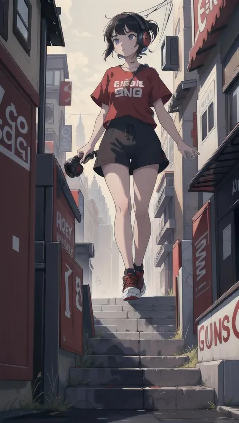 high quality, high resolution, extreme detail, masterpiece, 1girl, walking through the city, red t-shirt, black shorts, sneakers, wearing headphones, ((high quality eyes)), [looking at the viewer], intricate details, [volumetric fog], cinematic lighting, photographed on a Canon EOS R5