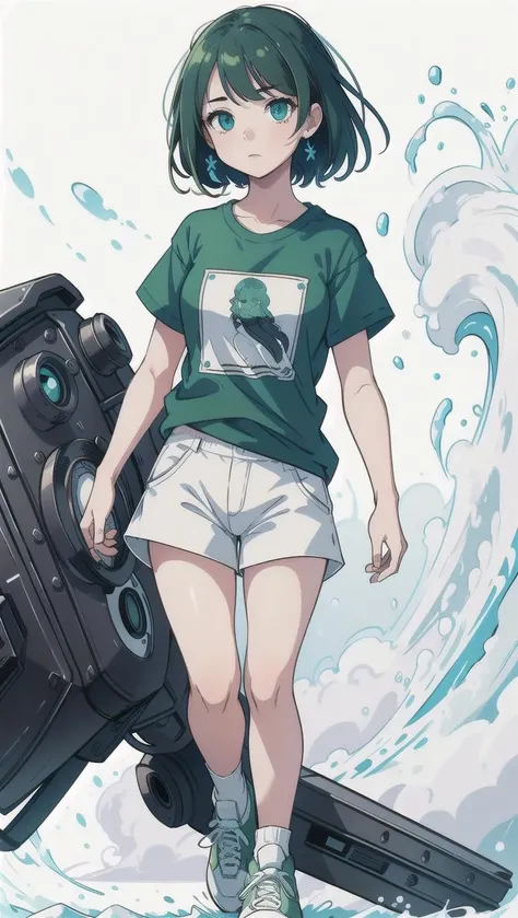 high quality, high resolution, extreme detail, masterpiece, 1girl, portrait, simple solid background, green t-shirt, white shorts, sneakers, ((high quality eyes)), [looking at the viewer], intricate details, [volumetric fog], cinematic lighting, photographed on a Canon EOS R5