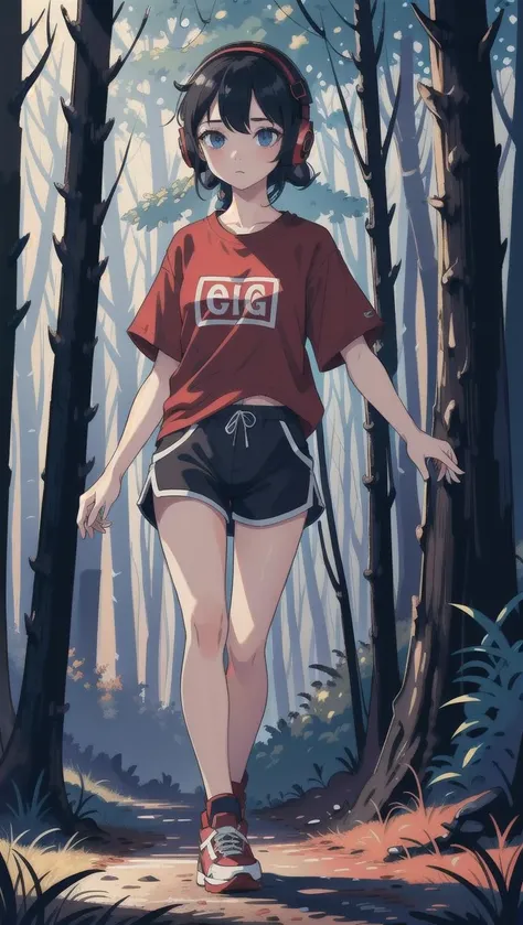 high quality, high resolution, extreme detail, masterpiece, 1girl, walking in the woods at night, red t-shirt, black shorts, sneakers, wearing headphones, ((high quality eyes)), [looking at the viewer], intricate details, [volumetric fog], cinematic lighting, photographed on a Canon EOS R5