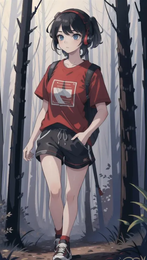 high quality, high resolution, extreme detail, masterpiece, 1girl, walking in the woods at night, red t-shirt, black shorts, sneakers, wearing headphones, ((high quality eyes)), [looking at the viewer], intricate details, [volumetric fog], cinematic lighting, photographed on a Canon EOS R5