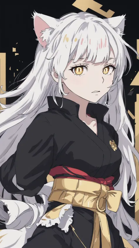 source_anime,score_9,score_8_up,score_7_up,score_6_up,Japanese art style,1girl,solo,catgirl,cat ears,white hair,bangs pinned up,golden eyes,vertical pupils,pale skin,