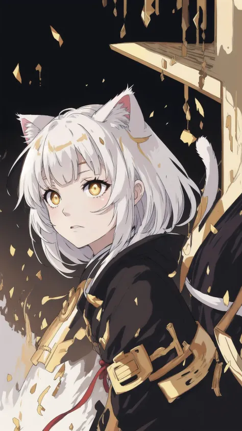 source_anime,score_9,score_8_up,score_7_up,score_6_up,Japanese art style,1girl,solo,catgirl,cat ears,white hair,bangs pinned up,golden eyes,vertical pupils,pale skin,