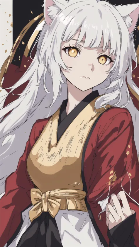 source_anime,score_9,score_8_up,score_7_up,score_6_up,Japanese art style,1girl,solo,catgirl,cat ears,white hair,bangs pinned up,golden eyes,vertical pupils,pale skin,